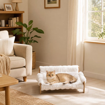 Elevated Cat Bed with Wood Frame, Removable Plush Cover