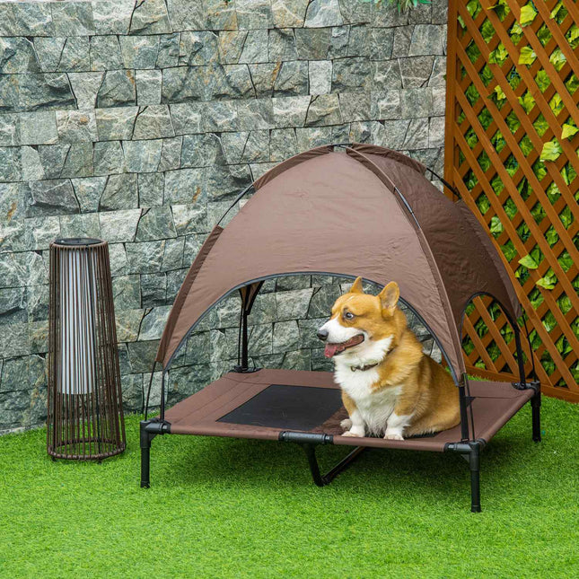 Panier surélevé pour chien, auvent d'extérieur, tissu taffetas respirant, café, 92 x 76 x 90 cm