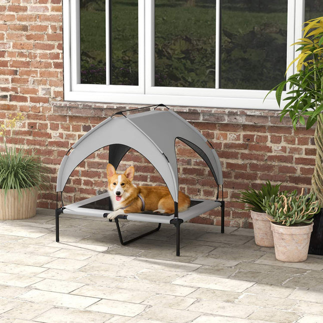 Panier surélevé pour chien avec auvent, lit pour animal de compagnie, chaise longue d'extérieur avec toit, respirant, pour grands chiens, gris clair Oxford 91 x 76 x 89 cm
