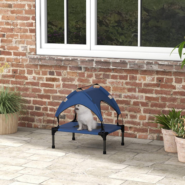 Panier surélevé pour chien avec auvent, panier pour animaux de compagnie, chaise longue d'extérieur avec toit, respirant, pour petits et grands chiens, bleu foncé Oxford 61 x 46 x 63 cm