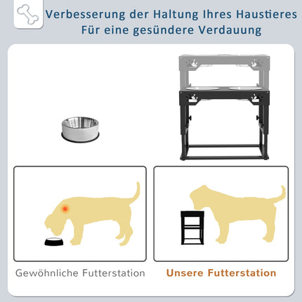 Adjustable Elevated Dog Feeding Station, Black Stainless Steel Bowls