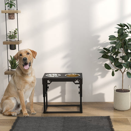 Adjustable Elevated Dog Feeding Station, Black Stainless Steel Bowls