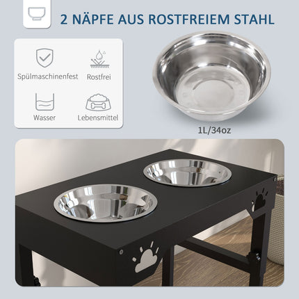 Adjustable Elevated Dog Feeding Station, Black Stainless Steel Bowls