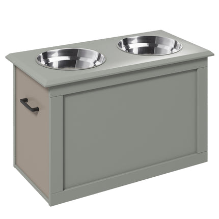 Elevated Pet Feeder with Storage, 2 Stainless Bowls, Grey
