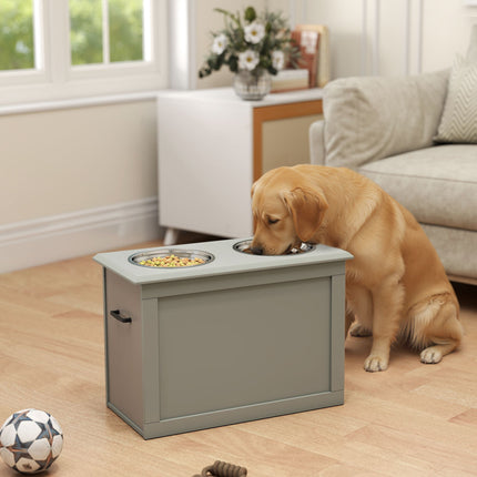 Elevated Pet Feeder with Storage, 2 Stainless Bowls, Grey
