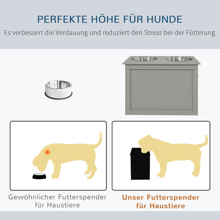 Elevated Pet Feeder with Storage, 2 Stainless Bowls, Grey