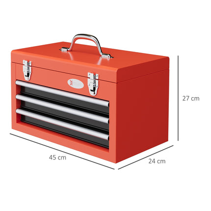Roter Werkzeugkasten aus Stahl mit 3 Schubladen - 45 x 24 x 27 cm