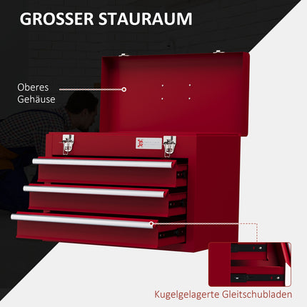 Tool box with lock, steel, 3 drawers, red, 51x22x32cm
