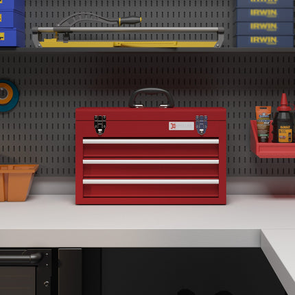 Tool box with lock, steel, 3 drawers, red, 51x22x32cm