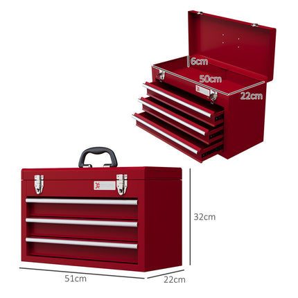 Tool box with lock, steel, 3 drawers, red, 51x22x32cm