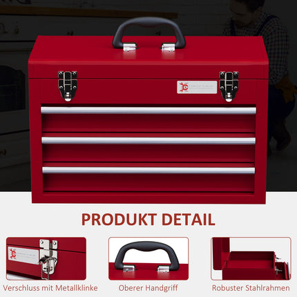 Tool box with lock, steel, 3 drawers, red, 51x22x32cm