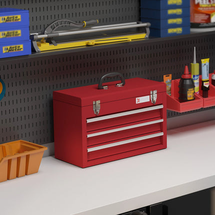 Tool box with lock, steel, 3 drawers, red, 51x22x32cm