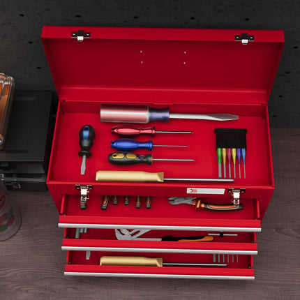 Tool box with lock, steel, 3 drawers, red, 51x22x32cm