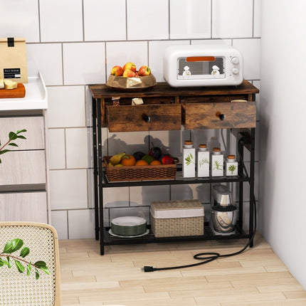 Entryway Table Charging Station with 2 Drawers & 2 Metal Mesh Shelves Rustic Brown