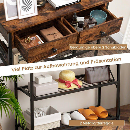 Entryway Table Charging Station with 2 Drawers & 2 Metal Mesh Shelves Rustic Brown