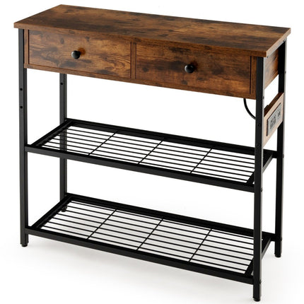Entryway Table Charging Station with 2 Drawers & 2 Metal Mesh Shelves Rustic Brown