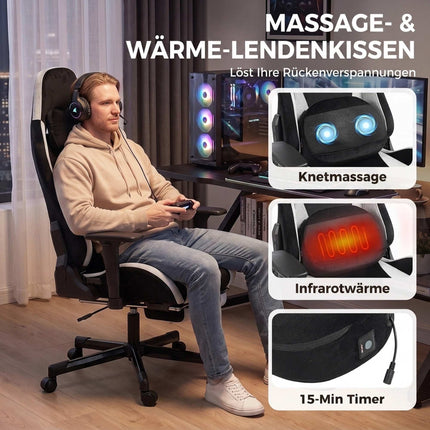 Ergonomic Gaming Chair with Heated Massage Lumbar Cushion, 3D Armrests, Black