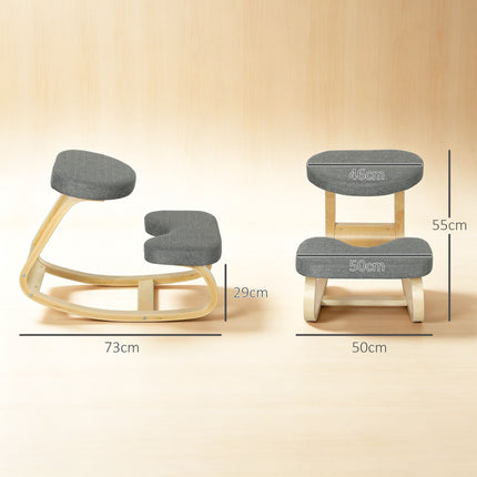 Ergonomic Kneeling Chair, Birch Wood Base, Grey Fabric
