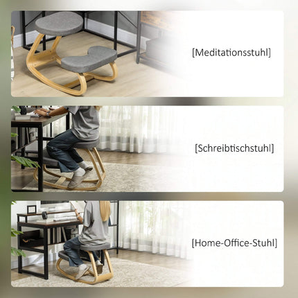 Ergonomic Kneeling Chair, Birch Wood Base, Grey Fabric