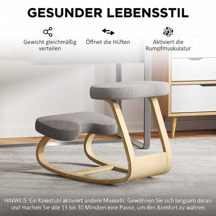 Ergonomic Kneeling Chair, Birch Wood Base, Grey Fabric