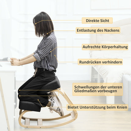 Ergonomischer Kniestuhl, Birke, Schwarz, 120 kg Tragkraft