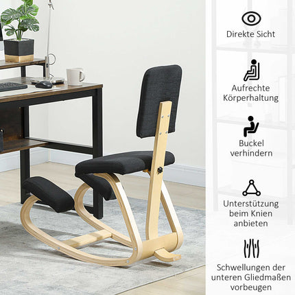 Ergonomic Kneeling Chair, Birch Wood, Black, Home & Office Use