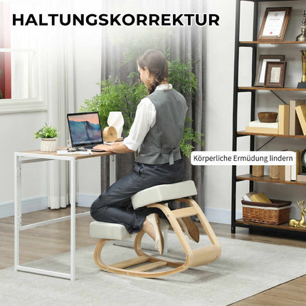 Ergonomic Kneeling Chair, Birch Wood, Cream White, 120kg Capacity