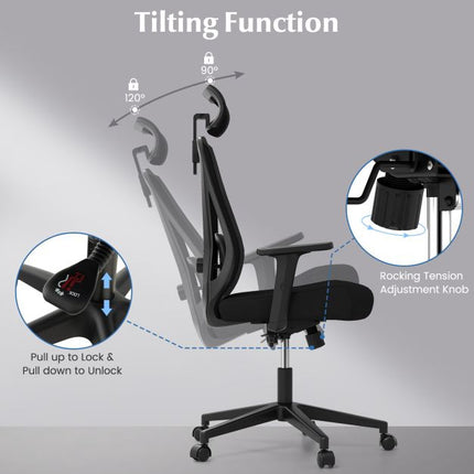 Ergonomická síťovaná kancelářská židle, nastavitelná opěrka hlavy, černá