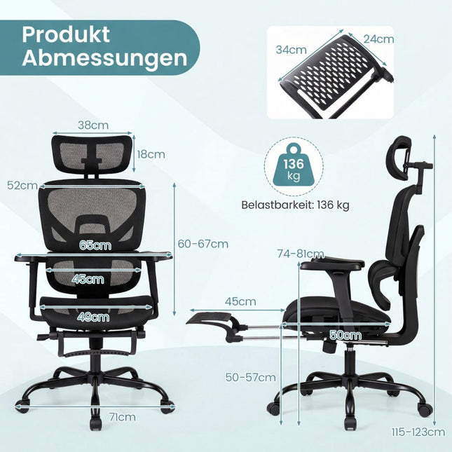 Ergonomischer Bürostuhl aus Netzstoff mit Fußstütze, Schwarz