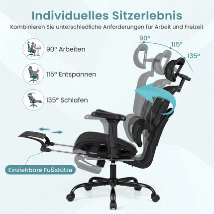 Ergonomischer Bürostuhl aus Netzstoff mit Fußstütze, Schwarz