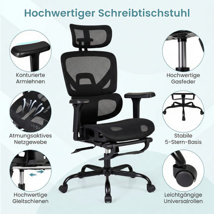 Ergonomischer Bürostuhl aus Netzstoff mit Fußstütze, Schwarz