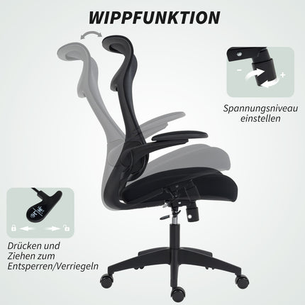 Ergonomischer Bürostuhl, 3D-Armlehnen, Netzrücken, Schwarz