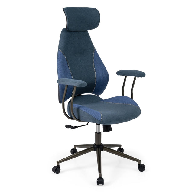 Ergonomischer Bürostuhl, verstellbare Kopfstütze, blaues Leinen