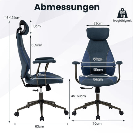 Ergonomická kancelářská židle, nastavitelná opěrka hlavy, modrý len