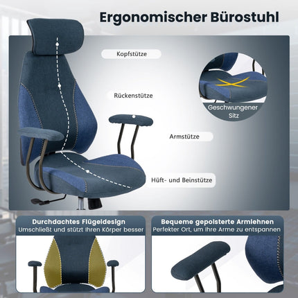 Ergonomická kancelářská židle, nastavitelná opěrka hlavy, modrý len