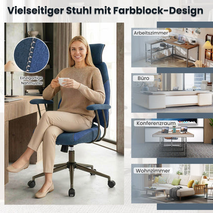 Ergonomická kancelářská židle, nastavitelná opěrka hlavy, modrý len