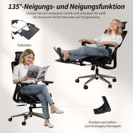 Ergonomická kancelářská židle, nastavitelná bederní opěrka a opěrka hlavy, černá síťovina