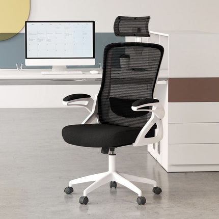 Ergonomischer Bürostuhl – Verstellbare Lordosenstütze, Netzstoff, Weiß