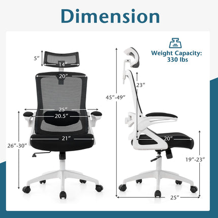 Ergonomischer Bürostuhl – Verstellbare Lordosenstütze, Netzstoff, Weiß