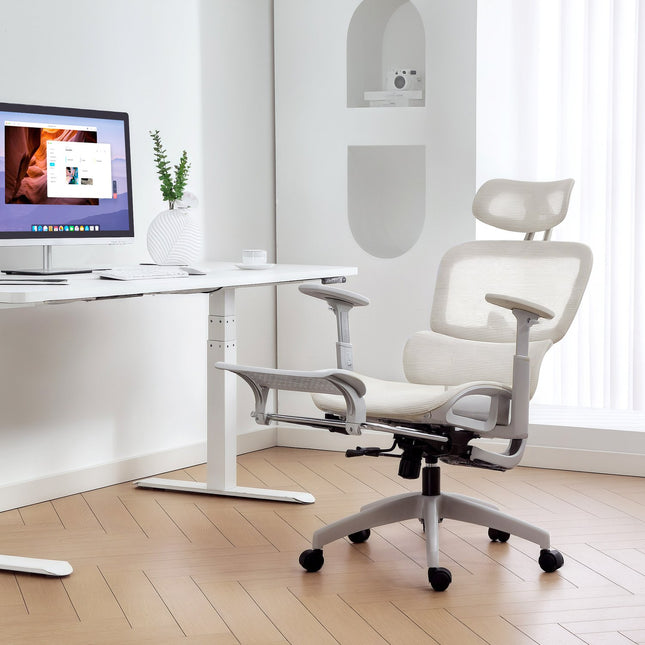 Ergonomischer Bürostuhl, verstellbares Netz, Armlehnen, Beige