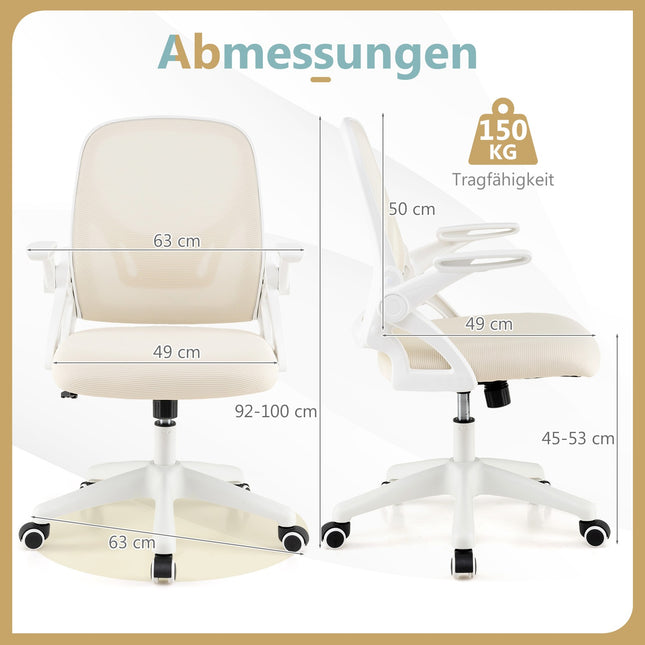 Ergonomischer Bürostuhl, Beige, klappbare Armlehnen, Lordosenstütze