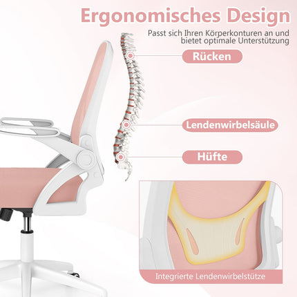 Ergonomischer Bürostuhl, Rosa, Klappbare Armlehnen, Lendenwirbelstütze