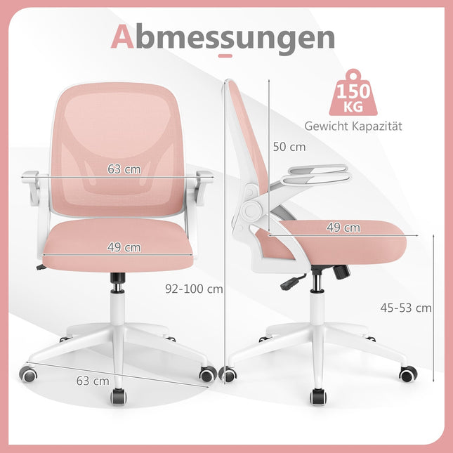 Ergonomischer Bürostuhl, Rosa, Klappbare Armlehnen, Lendenwirbelstütze