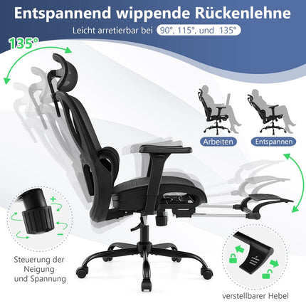 Ergonomischer Bürostuhl mit verstellbarer Kopf- und Fußstütze