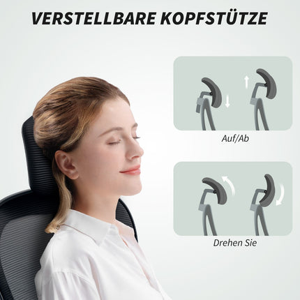 Ergonomischer Bürostuhl mit verstellbarer Kopfstütze und Lordosenstütze