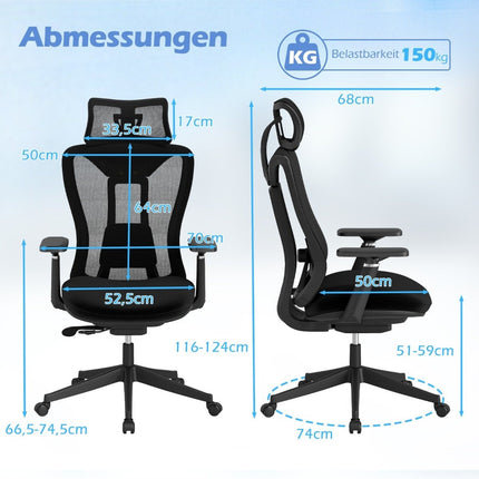 Ergonomická kancelářská židle s nastavitelnou bederní opěrkou a opěrkou hlavy