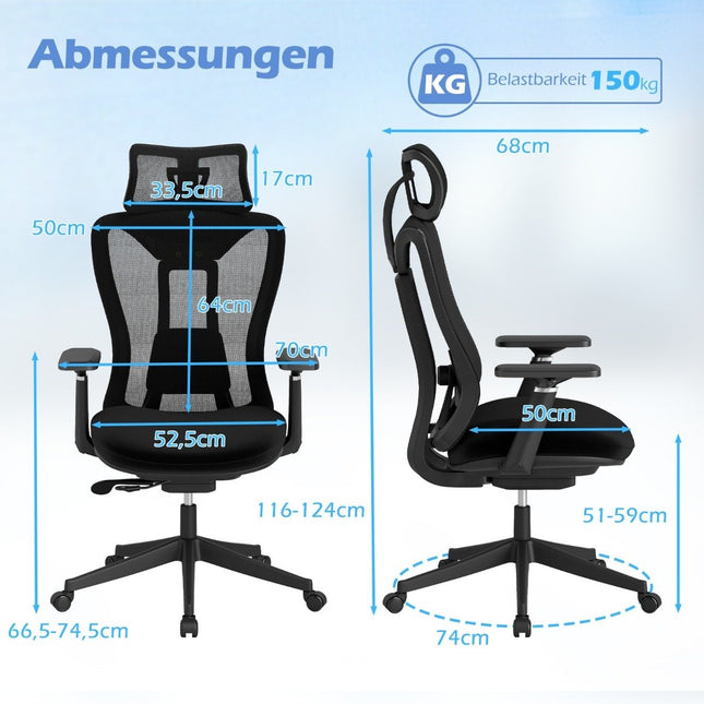 Ergonomická kancelářská židle s nastavitelnou bederní opěrkou a opěrkou hlavy