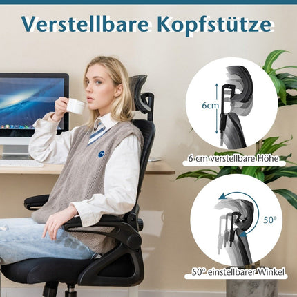 Ergonomischer Bürostuhl mit verstellbarer Lordosenstütze und Kopfstütze, Computerstuhl, schwarz