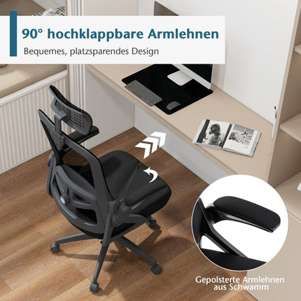 Ergonomischer Bürostuhl mit verstellbarer Lordosenstütze und Kopfstütze, Computerstuhl, schwarz