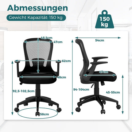 Ergonomischer Bürostuhl mit hochklappbaren Armlehnen und Lordosenstütze